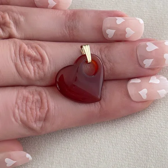 Vintage Solid 14K Yellow Gold Puffy Carnelian Floating Heart Style Charm Pendant - Picture 4 of 10